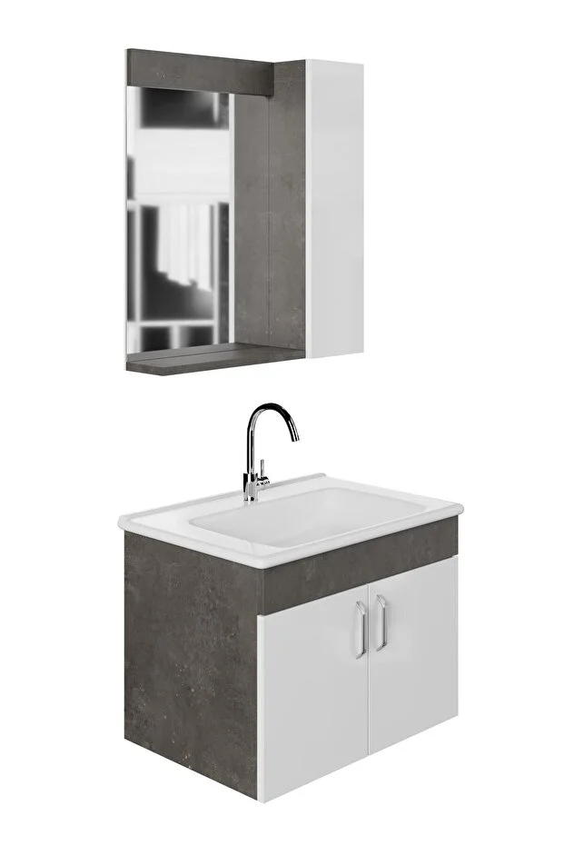 Gümüş 65 Cm Lavabolu Banyo Dolabı Retro Gümüş-beyaz Seramik Lavabo Dahil